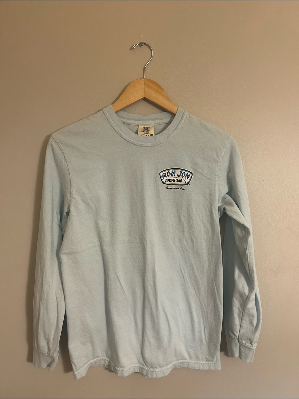 Ron Jon Pale Blue Long Sleeve Crewneck Shirt with Chest Logo